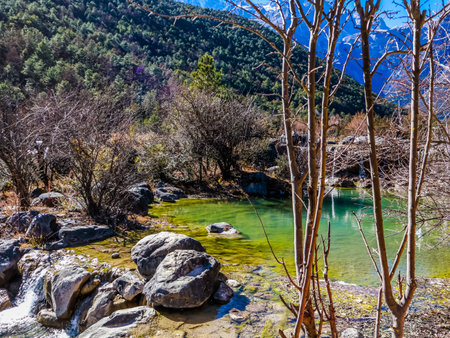 Blue Moon Valley in Jade Dragon Snow Mountain Scenic Area, the most famous tourist destination in Lijiang, Yunnan, Chinaの写真素材