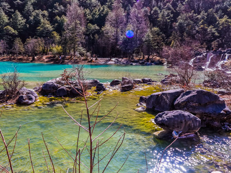 Blue Moon Valley in Jade Dragon Snow Mountain Scenic Area, the most famous tourist destination in Lijiang, Yunnan, Chinaの写真素材