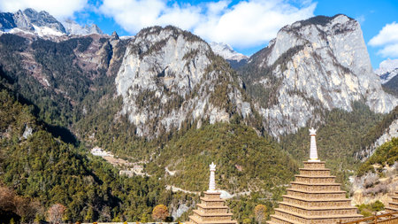 High Rocky Mountains Hills Valley of Balagezong Grand Canyon National Scenic Park With Stupa Pagoda, Diqing, Shangri-La County of Yunnan, Chinaの写真素材