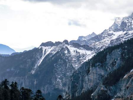 Snow Capped Mountains At Balagezong Grand Canyon National Scenic Area of Diqing in Shangri-La County of Yunnan, Chinaの写真素材