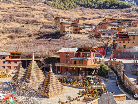 The Bala Village, A Tibetan Mountainous Local Village Isolated From The Outside World Sitting High In The Clouds At Balagezong National Scenic Park In Shangri-La, Yunnan, Chinaの写真素材