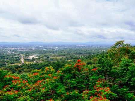 Panoramic aerial view of Chiang Mai city, Thailand, seen from a mountain viewpoint. Lush green landscape with urban development surrounded by mountainsの写真素材