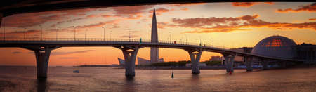 St. Petersburg, Russia - 04 JUNE 2020  Wide-format panorama of the Western high-speed diameter and Lakhta center on the background of the sunsetのeditorial素材
