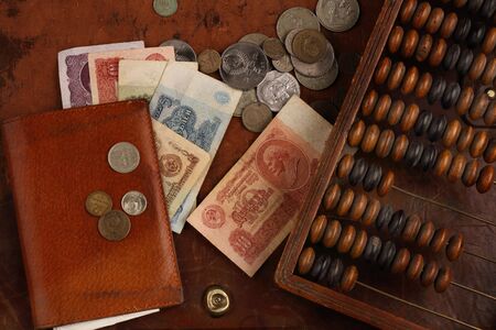 An old leather purse with Soviet rubles and old billsの写真素材