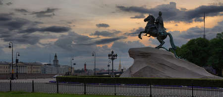 Large-format pre-dawn panorama with the monument to Peter the Great in St. Petersburgのeditorial素材