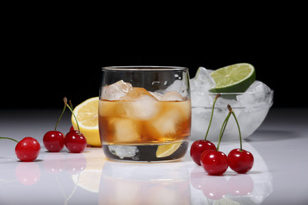 Whiskey on the rocks, cherry and lime berries on a white glossy table and a dark background