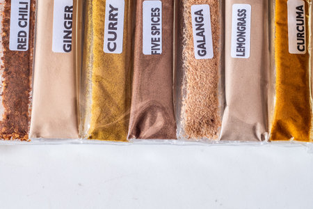 Cooking ingredients in pack white background with a space for a textの写真素材