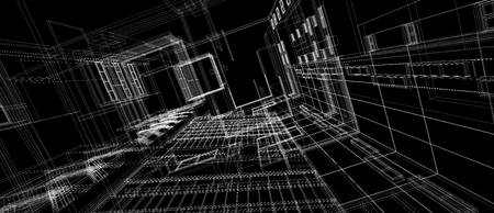 Architecture building space design concept 3d perspective white wire frame rendering black background. For abstract background or wallpaper desktops computer technology design architectural theme.の写真素材