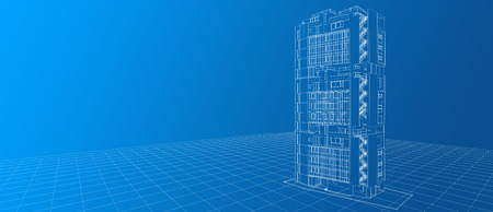 Architecture exterior facade building design concept 3d perspective white wire-frame rendering gradient blue background. For abstract background or wallpaper desktops, architectural theme.の写真素材