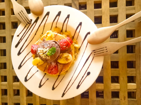 Pancakes with fruits and Ice Cream on grey background, Homemade Dessert, Tasty Sweet Breakfast.