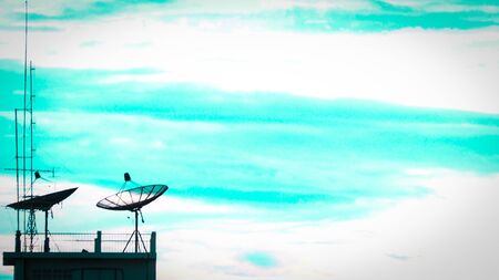 Satellite dish sky sunset communication technology network image background for design. Satellite dish sky sun stars communication technology network image background for design sunsetの写真素材
