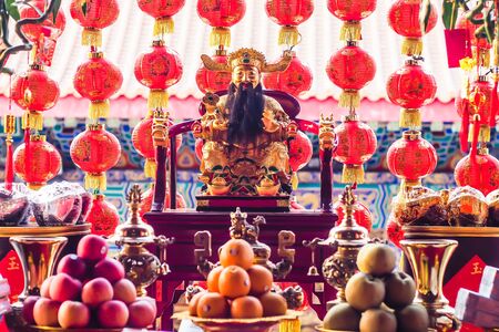 Items and food Pay respect to god religion in Chinese culture with Chinese lanterns traditional decoration worship ceremony in Chinese templeの写真素材