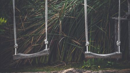 Empty swing on children playground, Children swing in the park, wooden swing, woodenの写真素材