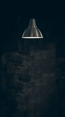 Modern style decoration metal lamps and lampshades hanging against dark wall.Vintage Metallic stylish hang ceiling cone lamp Original Retro design with copy space. in the dark concept ideaの写真素材