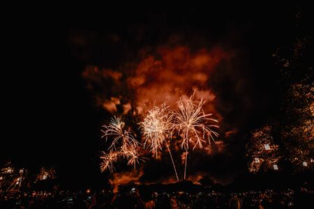Group of people watching fireworks and using cellphones to record event. People capturing a fireworks shows with their mobile phone. Colorful fireworks celebration and the night sky backgroundの写真素材