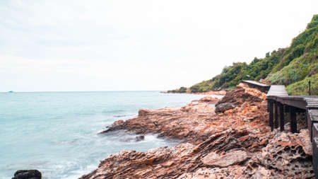 Wooden Path on the Mountain with the beautiful sea view. Khao Leam Ya - Mu Ko Samet Nation Park Rayong Thailandの写真素材