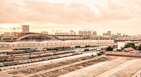 Cityscape of Bangkok city at sunset New Bangkok station Bangsue railway station, landscape Thailandのeditorial素材