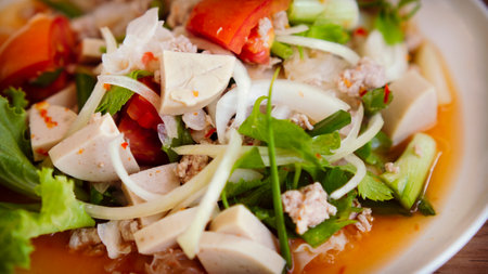spicy vietnamese sausage salad Thai street foodの写真素材