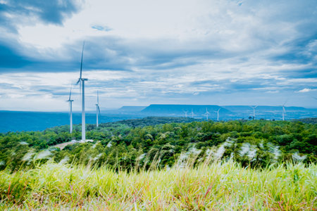 Panorama view of Wind power windmill generators farm of Electricity Generating Authority of Thailand at Khao Yai Tien Nakhon Ratchasima  Korat Khaoyai  Thailandの写真素材