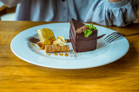 The Perfect Chocolate Cake. Slice of delicious chocolate cake decoration with fruitの写真素材