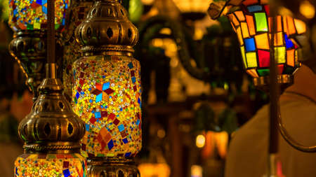 Traditional handmade Turkish lamps in souvenir shop. Mosaic of colored glass. Lamps Orientals au Grand Bazar d'Istanbul Turquieの写真素材