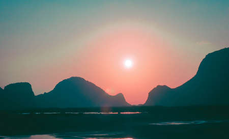 Panorama Sam Roi Yot mountain ranges layer landscape at sunset Thailand.の写真素材