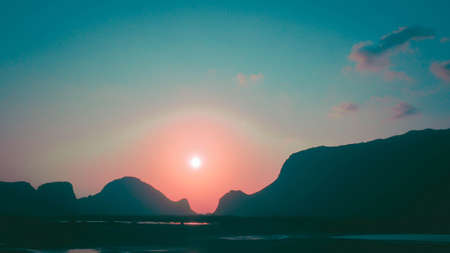 Panorama Sam Roi Yot mountain ranges layer landscape at sunset Thailand.の写真素材