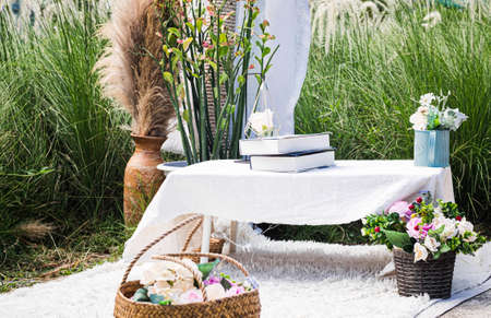 inspiration picnic outdoors, with the dinner table and Picnic settingの写真素材