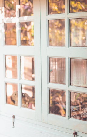 white Vintage simple clear glass window with white wooden frame element order architecture.の写真素材