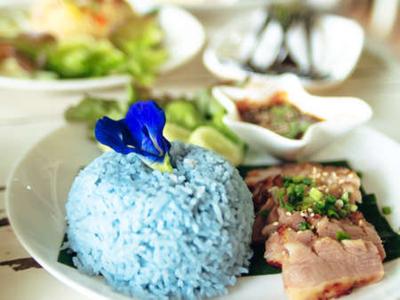 close up blue Rice Made From Butterfly Pea Flower. traditional Thai herb food.の写真素材