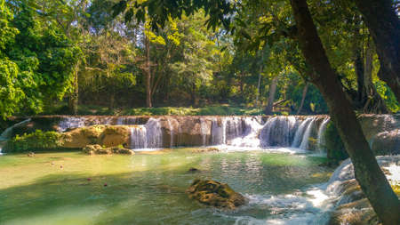 Panoramic exotic  beautiful tropical deep rainforest waterfall   Fresh waterfalls in deep forestの写真素材