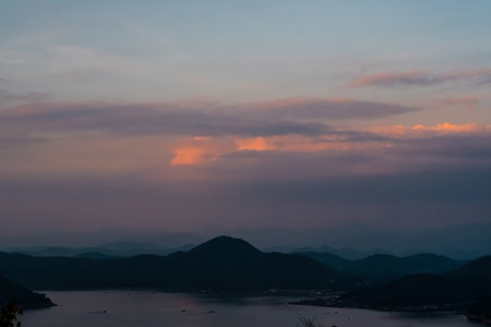 Panorama scenery of Mountain landscape at evening sunset nature backgroundの写真素材