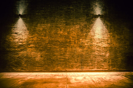 old room with brick wall, grungy background . brick wall with bulb lights lamp. nice brick show room...
