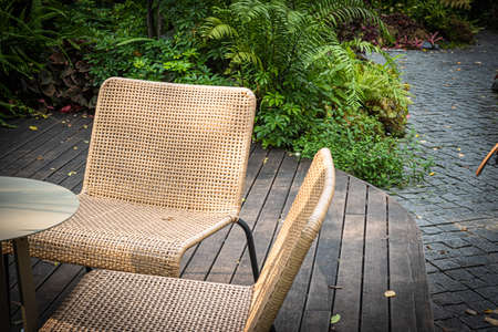 woven chair furniture in Green nature of Fern and trees in tropical gardenの写真素材