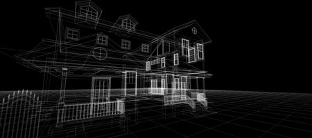Smart house automation system digital intelligent technology abstract background architecture 3d wireframe construction on black backgroundの写真素材