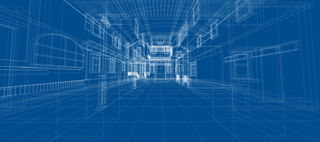 Smart house automation system digital intelligent technology abstract background architecture interior 3d wireframe construction on blue backgroundの写真素材