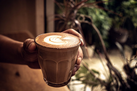 A cup of coffee latte top view with leaf shape foam