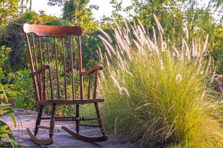 Empty rocking chair in garden at summer sunsetの写真素材