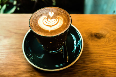 A cup of coffee latte top view with leaf shape foamの写真素材