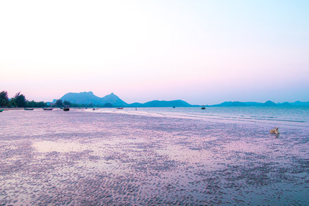 Panorama  scenatic  view of seascape  with trsditional fishing boat and beautiful blue ocean South East Asia Thailandの写真素材