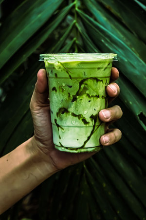 iced Green matcha tea mixed with ice cube and milk in latte glass  with green nature backgroundの写真素材