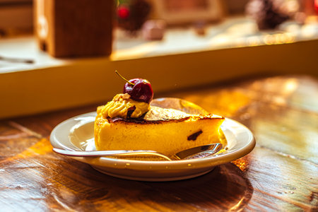 A delicious slice of cheesecake with chocolate topping and redcurrantの写真素材