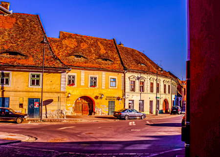 Old town city of Sibiu, Transylvania, Romania, travel Europe with historic buildings architectureの写真素材