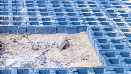 under construction walkway surface Floor with gray color concrte grass blocksの写真素材