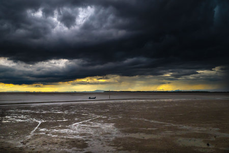 Storm Clouds Over Cold Sea Water. Stylized panoramic seascape. Dramatic sky over sea