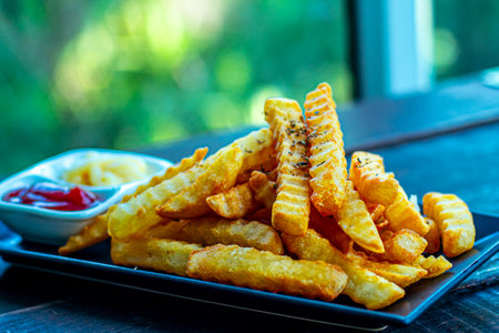 Crispy Crinkle-Cut French Fries: Irresistible Potatoes with Delicious Sauceの写真素材