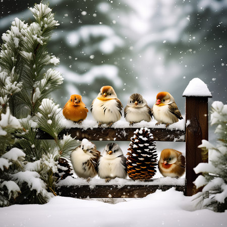 Animals Behind a Wooden Fence with Falling Snow and Pine Needle Branchesの素材