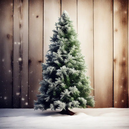 Christmas Fir Tree on Wooden Background with Snowflakesの素材