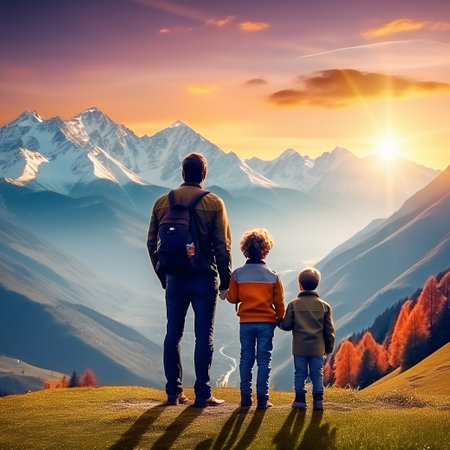 Happy Family with Little Son Stands Against Mountains - Travel, Tourism, and Adventures Conceptの素材