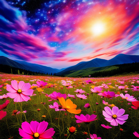 Beautiful Pink Cosmos Flower Field Under a Clear Blue Skyの素材